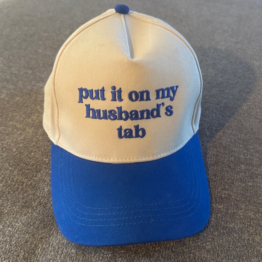 Blue and Tan Cap with Embroidered Text